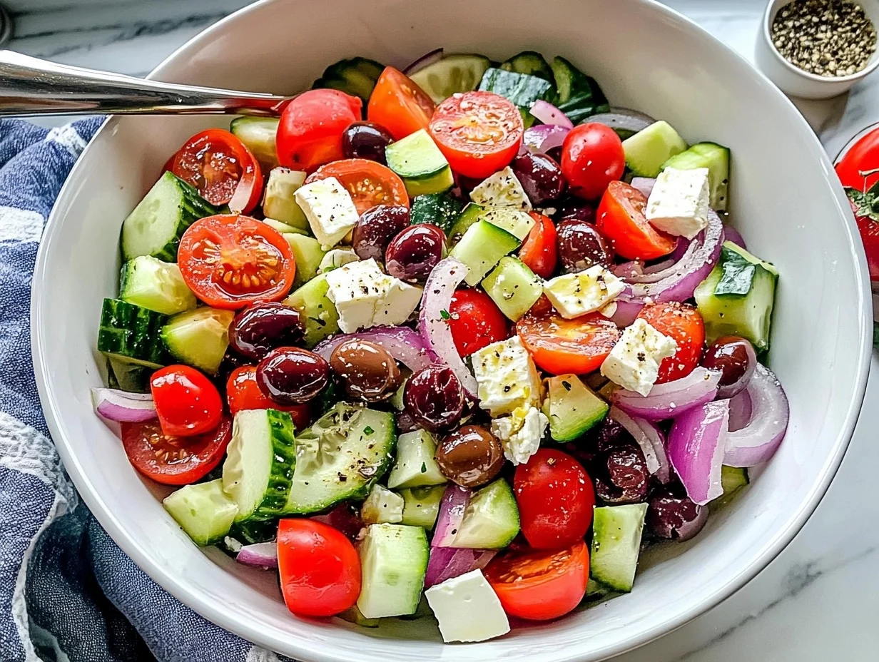 Fresh Greek Salad with Kalamata Olives, tomatoes, cucumbers, red onions, bell peppers, and crumbled feta cheese, drizzled with olive oil dressing.