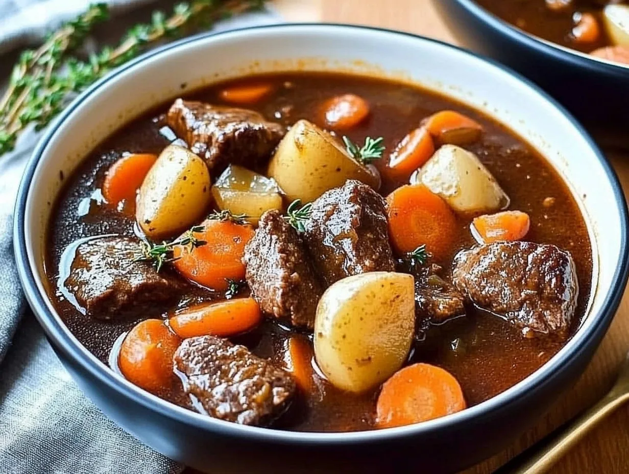 Hearty beef stew with tender beef chunks, carrots, and potatoes in a rich, flavorful broth served in a bowl.