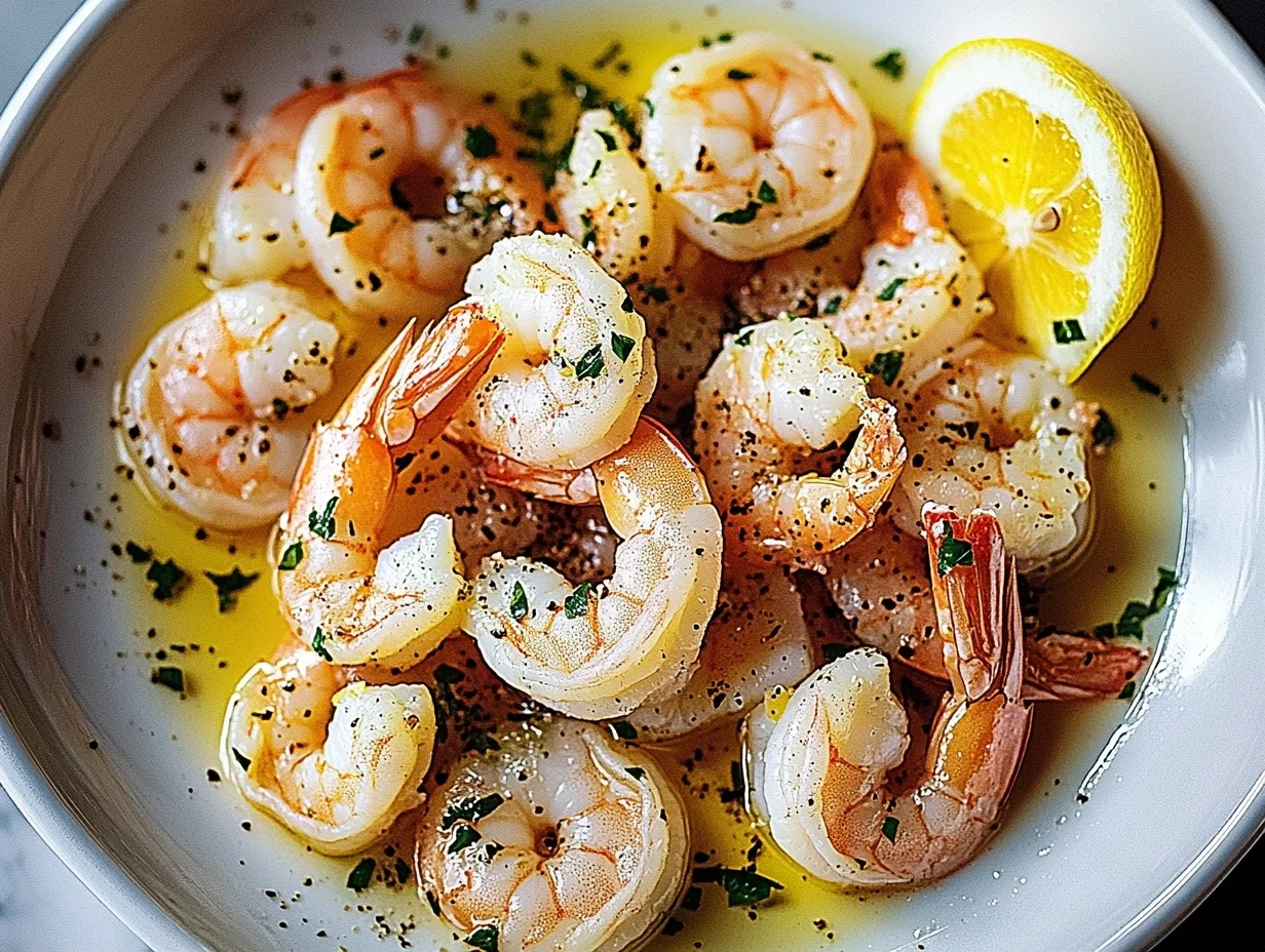 A plate of Shrimp Scampi with linguine, garnished with parsley and lemon wedges.
