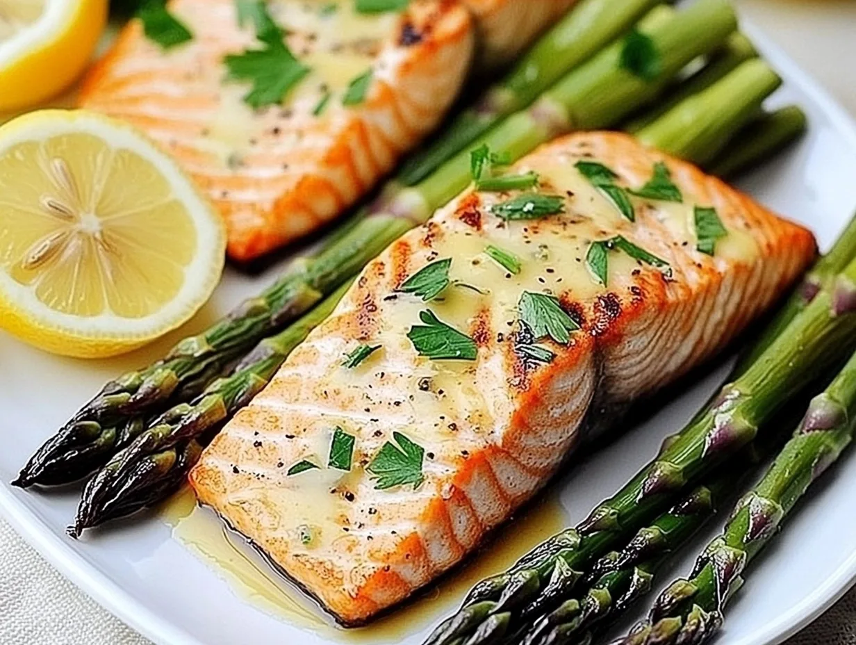 Grilled salmon fillet served with charred asparagus on a plate, garnished with lemon slices and fresh herbs.