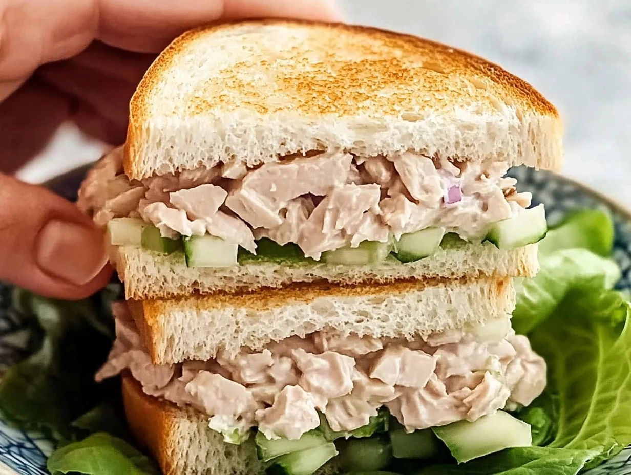 A freshly made tuna salad sandwich on whole-grain bread, served on a wooden cutting board with lettuce, tomatoes, and a side of potato chips.