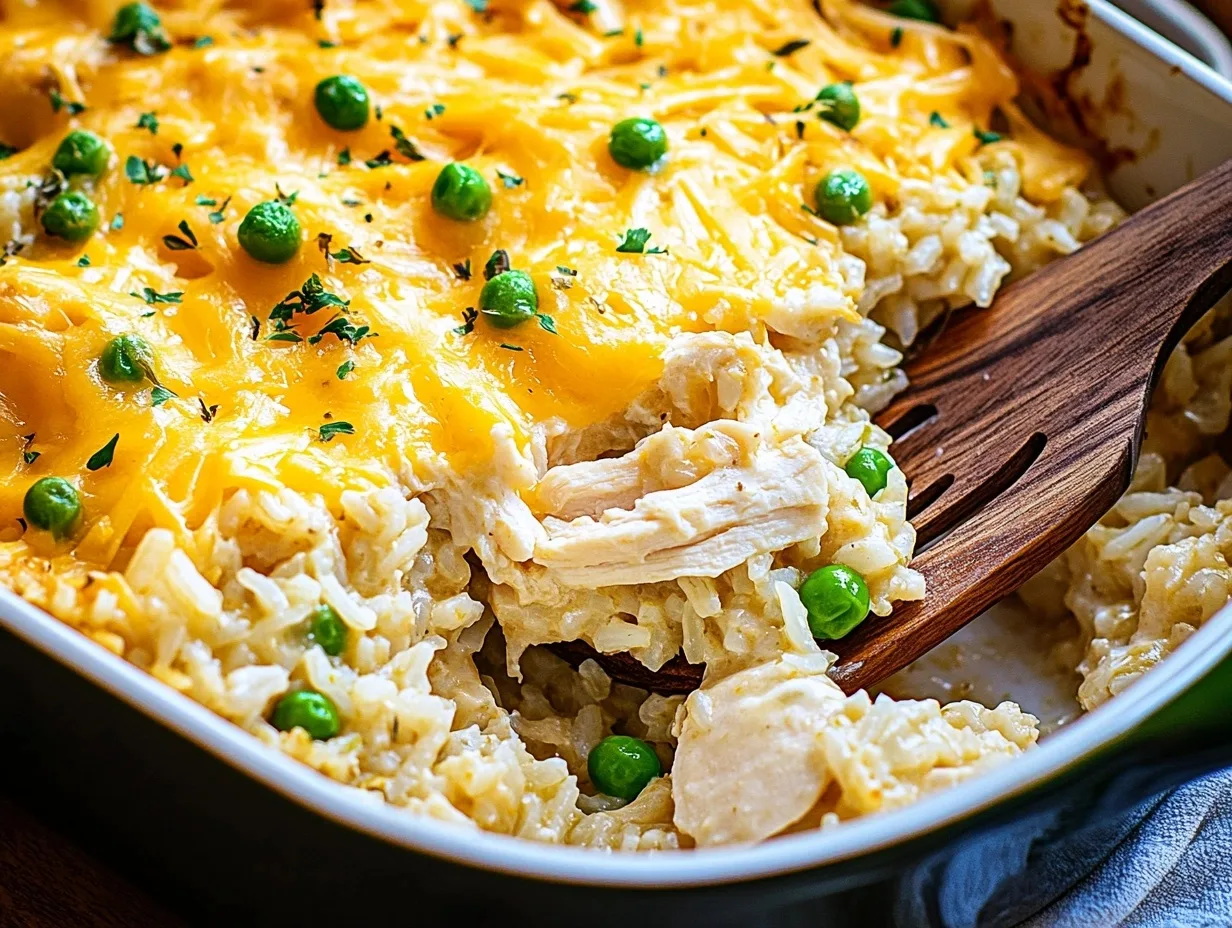 A golden-brown chicken and rice casserole served in a 9x13-inch dish with a sprinkle of shredded cheddar cheese on top.