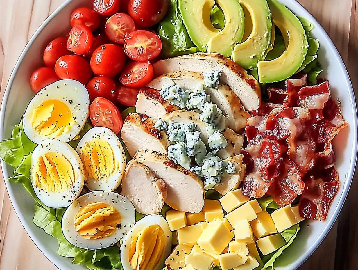 A beautifully arranged Cobb Salad featuring rows of grilled chicken, crispy bacon, hard-boiled eggs, sliced avocado, cherry tomatoes, and crumbled blue cheese on a bed of mixed greens.