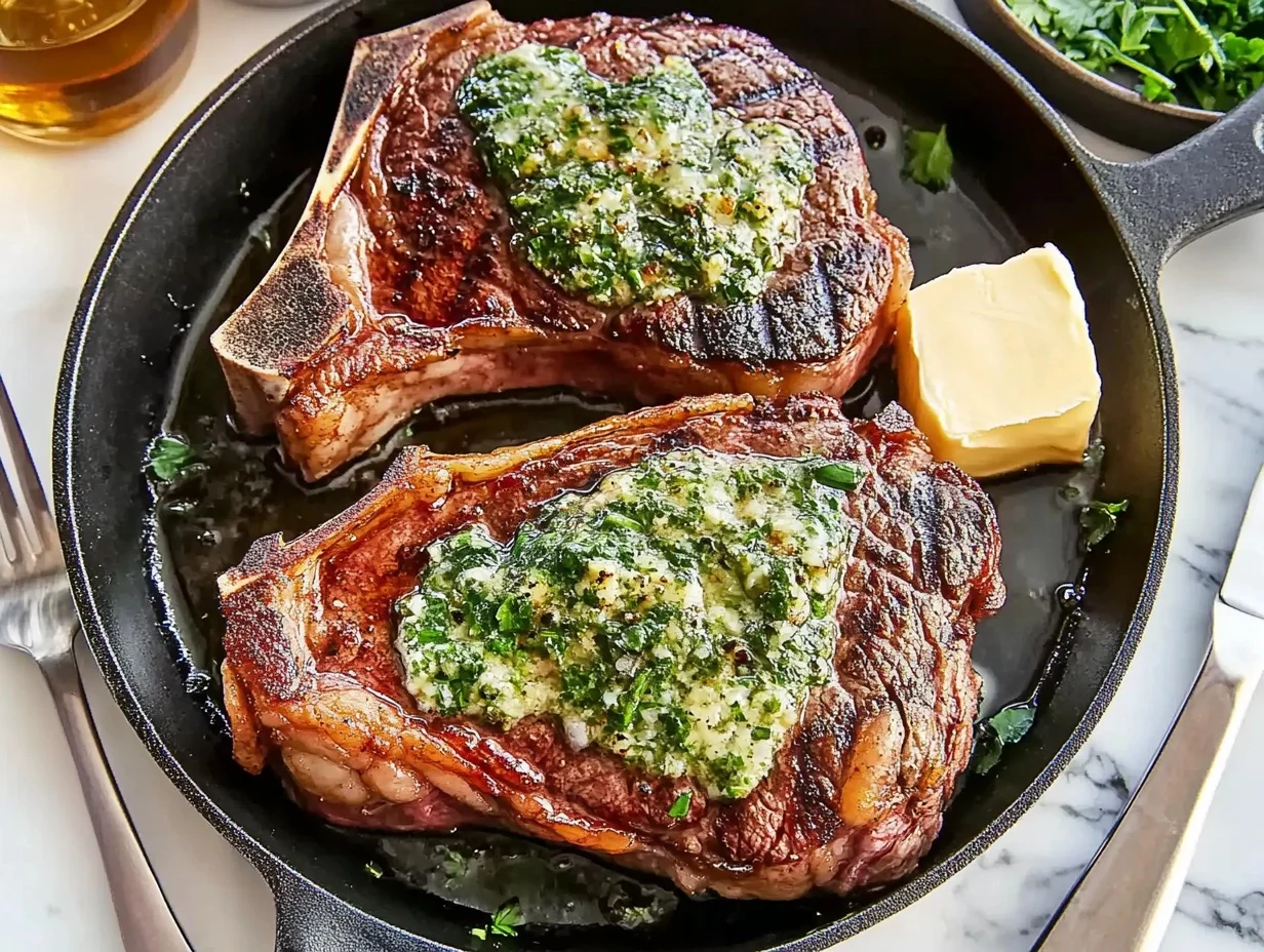 Juicy grilled steak topped with melting garlic butter and garnished with fresh herbs on a plate.