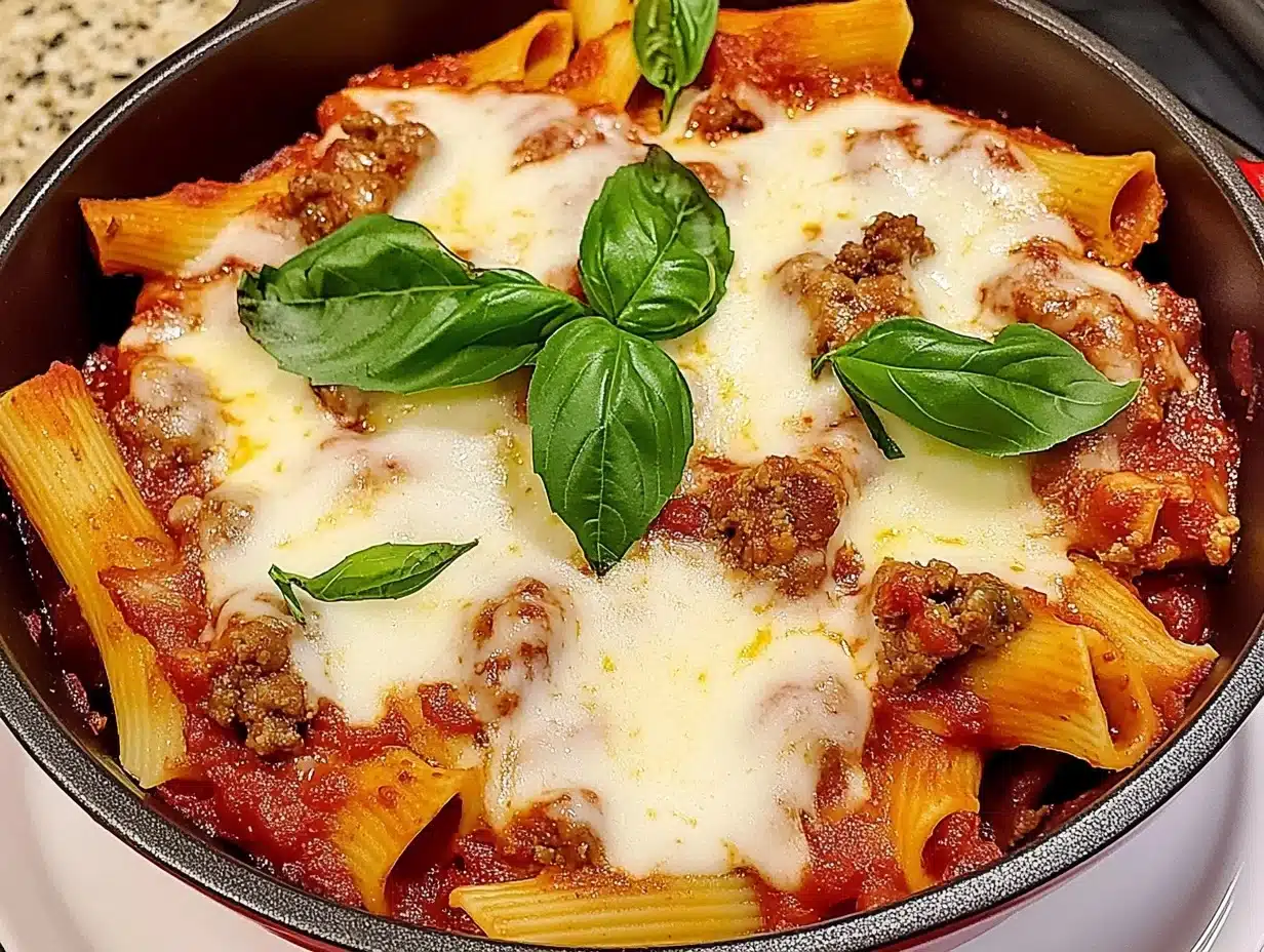 Golden baked ziti with Italian sausage, marinara sauce, and melted cheese, served in a casserole dish with fresh basil garnish.