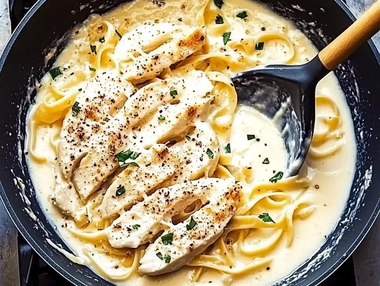 A plate of creamy Chicken Alfredo Pasta topped with fresh parsley and grated Parmesan cheese.