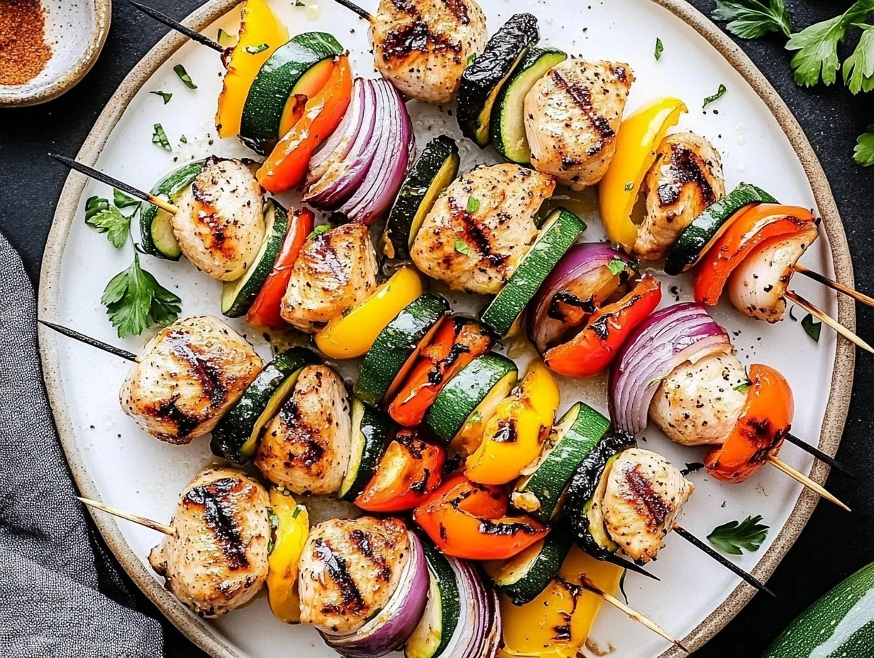 Grilled chicken skewers with vegetables on the grill.