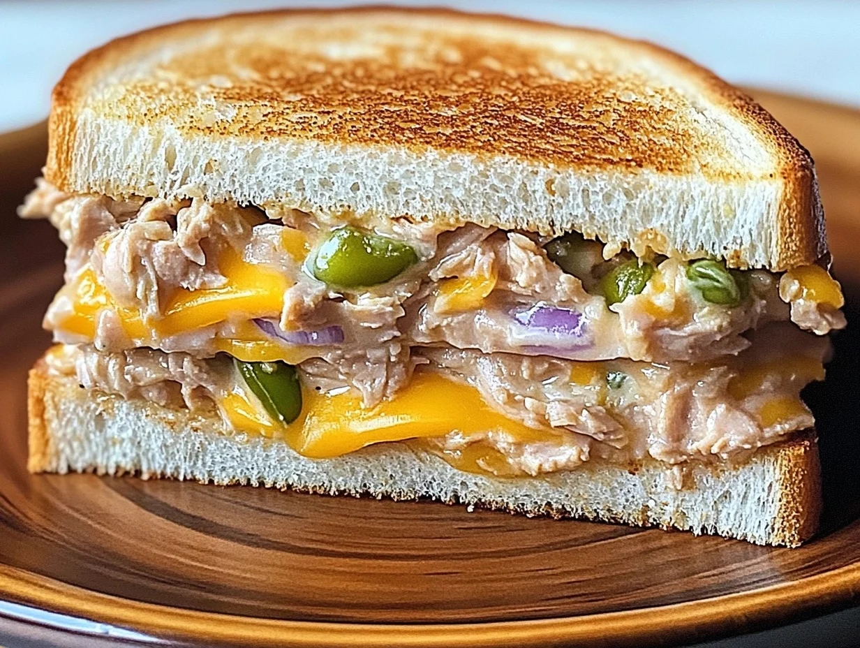 A close-up of a golden, crispy tuna melt sandwich with melted cheese oozing out, served on a plate with a side of chips and a pickle.