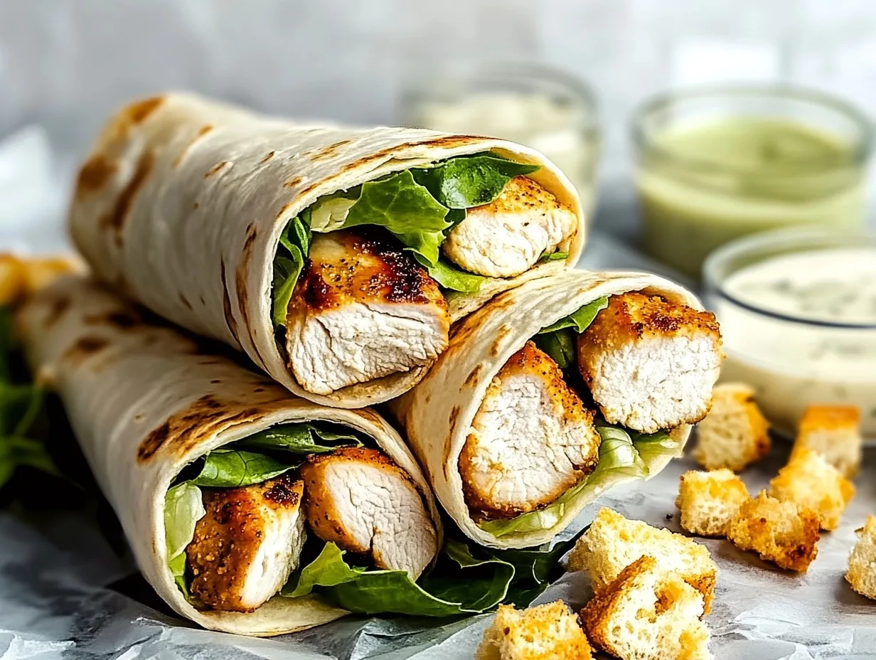 Close-up of a Chicken Caesar Wrap, sliced in half to show layers of grilled chicken, romaine lettuce, Parmesan cheese, and Caesar dressing inside a soft tortilla.