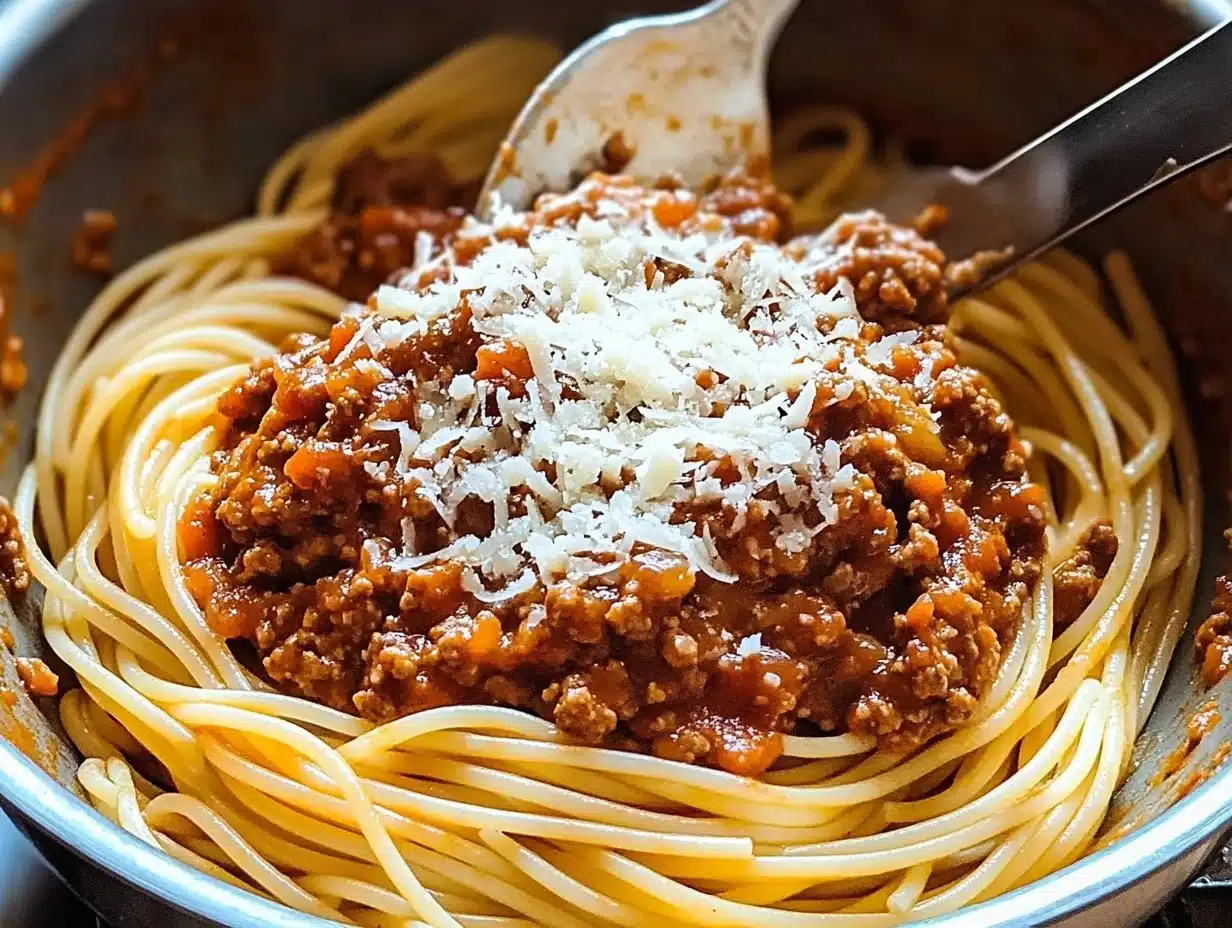 A bowl of Spaghetti Bolognese topped with grated Parmesan cheese and fresh basil leaves, served on a wooden table with a side of garlic bread.