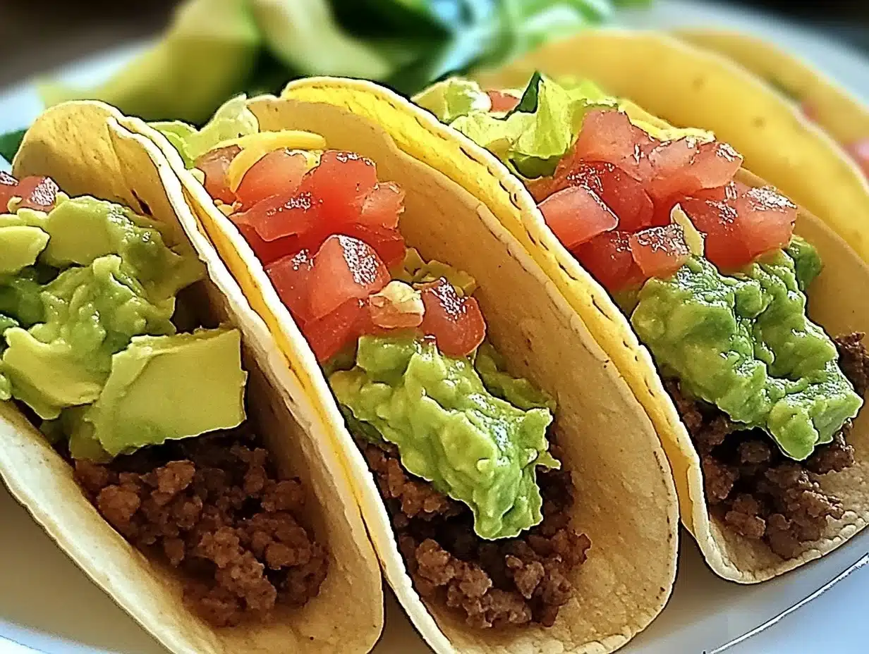A vibrant plate of beef tacos topped with fresh salsa and guacamole, served with lime wedges and a side of tortilla chips.