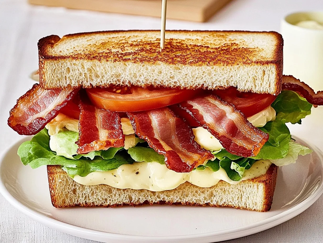 A freshly made BLT sandwich with crispy bacon, fresh green lettuce, juicy tomato slices, and toasted bread on a wooden cutting board.