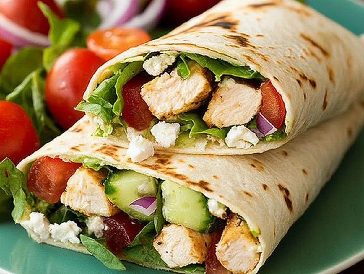 Grilled Chicken and Hummus Wrap with fresh vegetables like spinach, cucumbers, and tomatoes on a wooden plate.