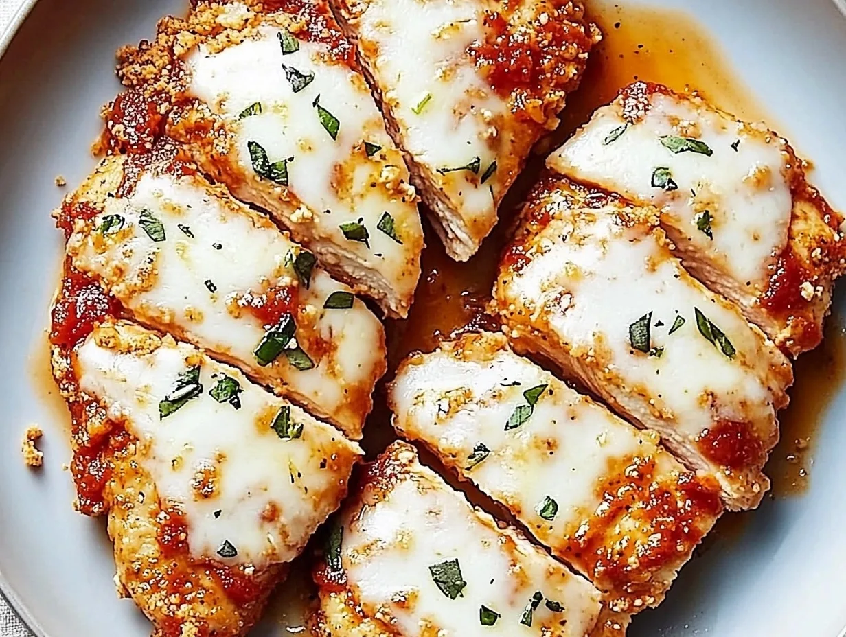 Crispy breaded chicken Parmesan topped with melted mozzarella cheese and marinara sauce served with spaghetti on a white plate.
