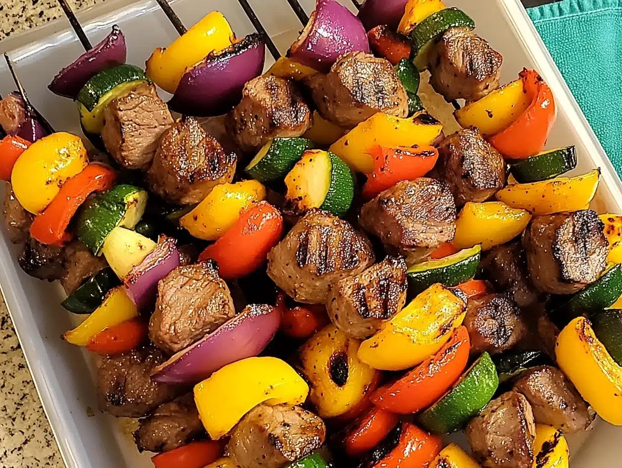 Juicy beef and vegetable skewers grilled to perfection with vibrant bell peppers, zucchini, and cherry tomatoes.
