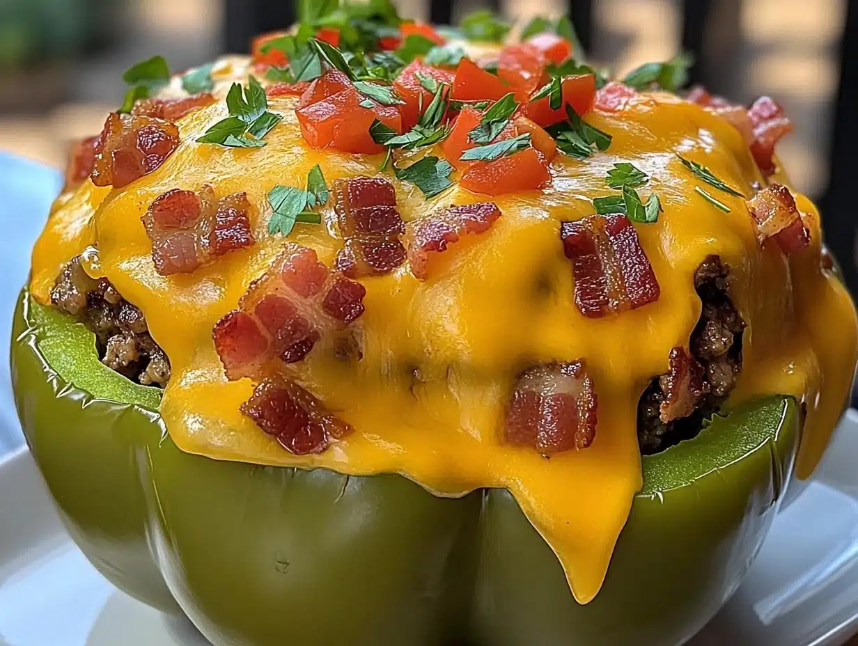 Colorful bell peppers stuffed with a BBQ bacon cheeseburger mixture, garnished with parsley and served on a rustic wooden plate.