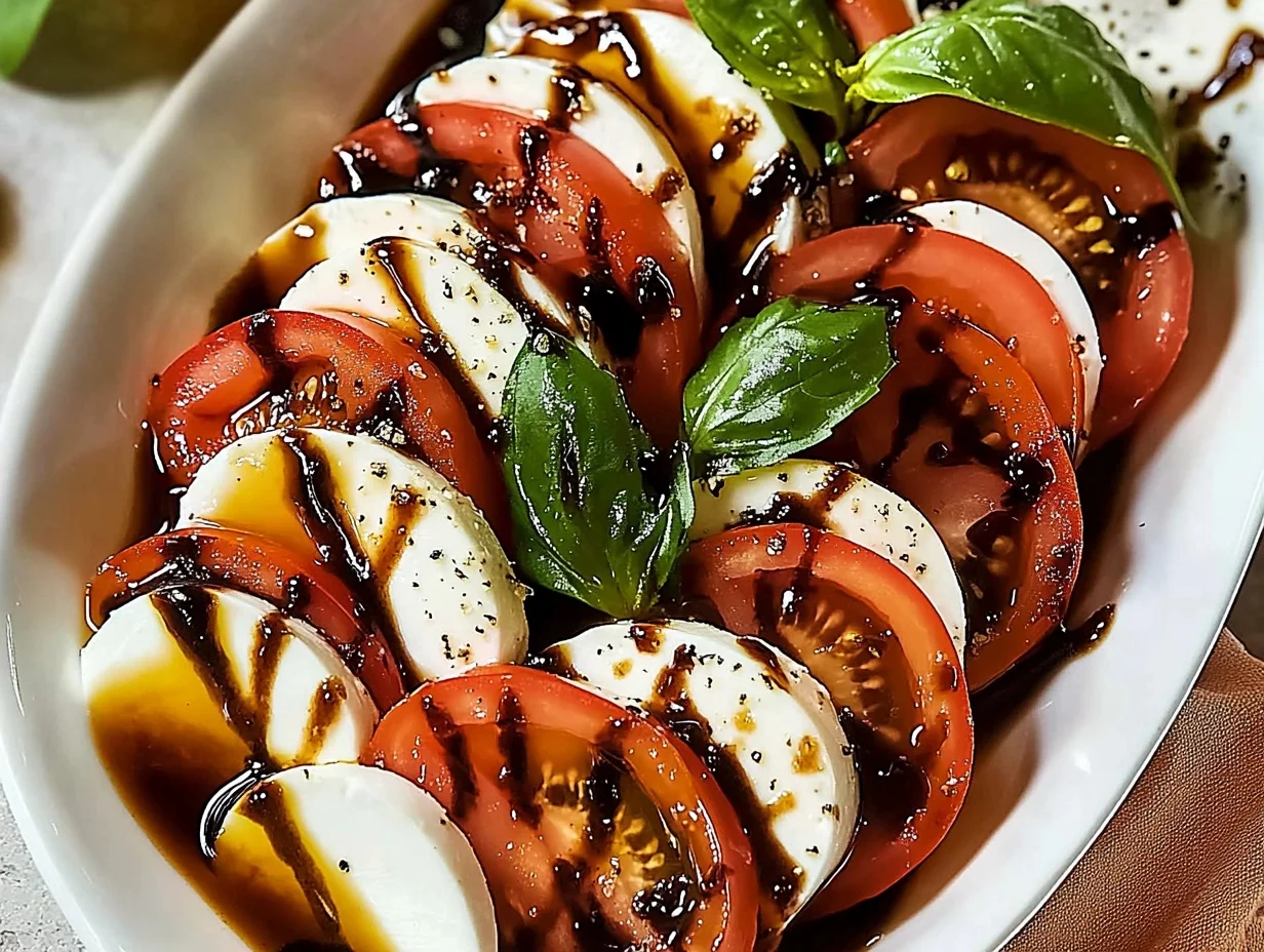 A beautifully plated Caprese Salad featuring fresh mozzarella, ripe tomato slices, vibrant basil leaves, and a drizzle of olive oil, arranged in a circular pattern on a white plate.