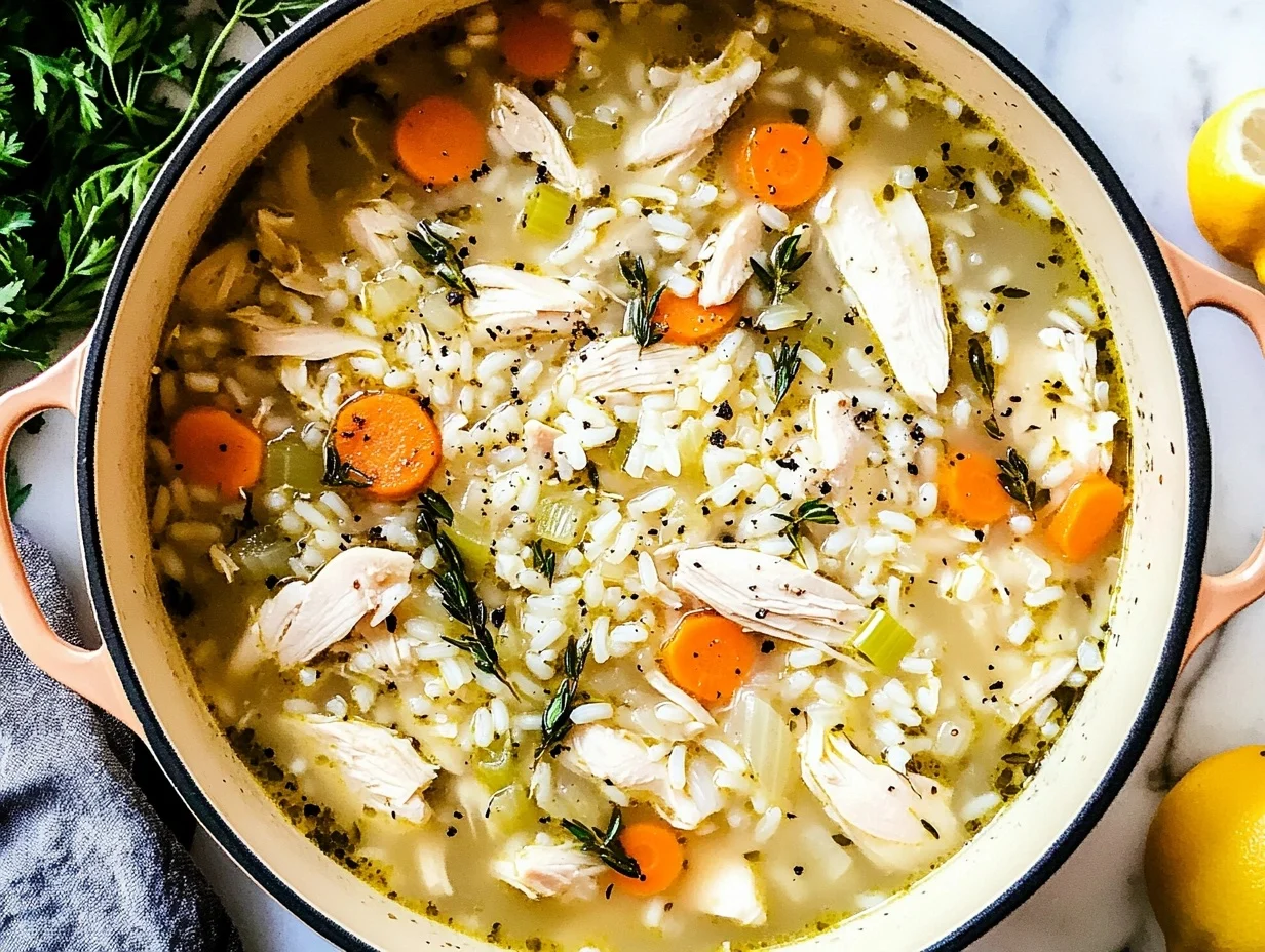 A bowl of chicken and rice soup garnished with fresh parsley, surrounded by ingredients like carrots, celery, and a loaf of crusty bread.