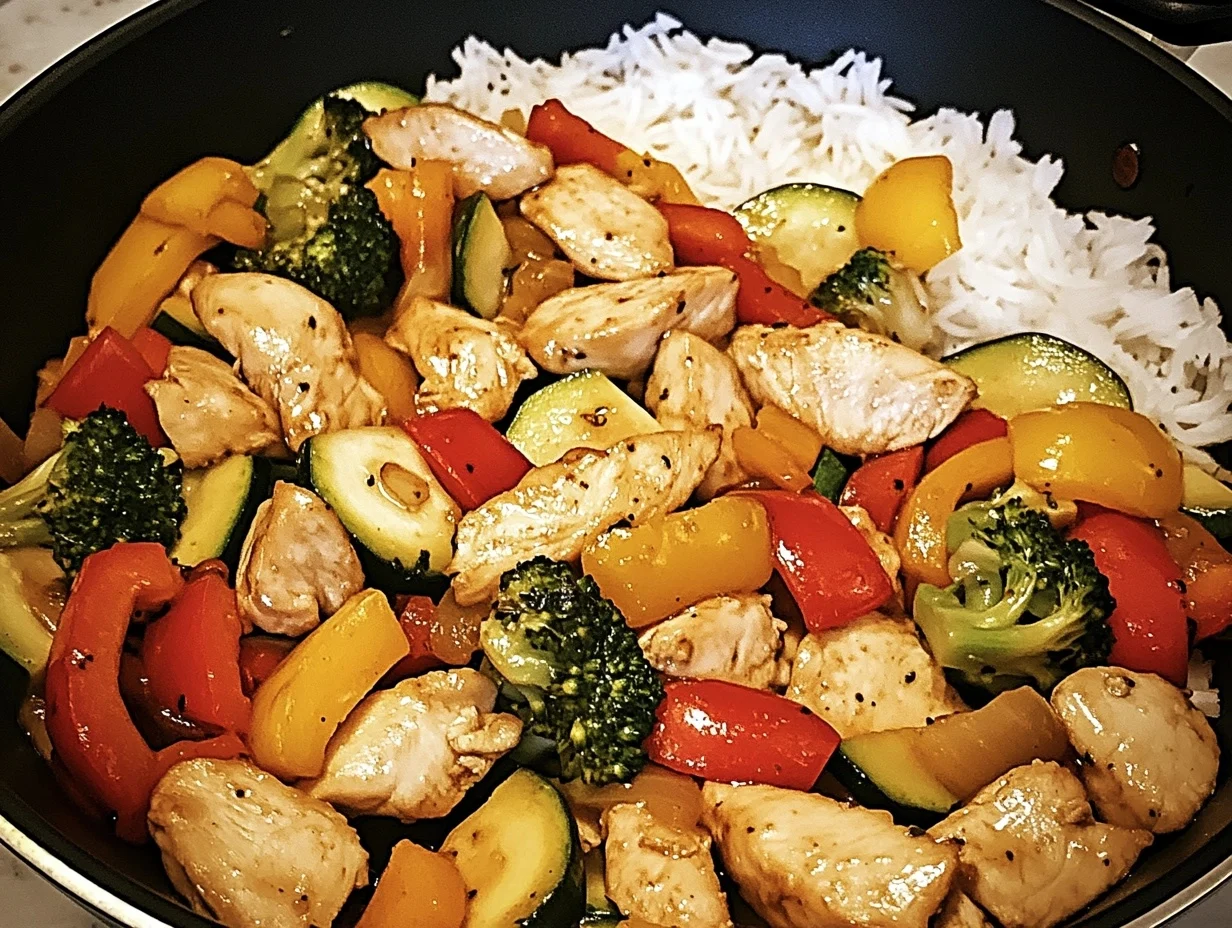 Chicken Stir-Fry with Vegetables served in a bowl with rice, featuring colorful bell peppers, broccoli, and juicy chicken pieces. Perfect for a healthy and quick meal.