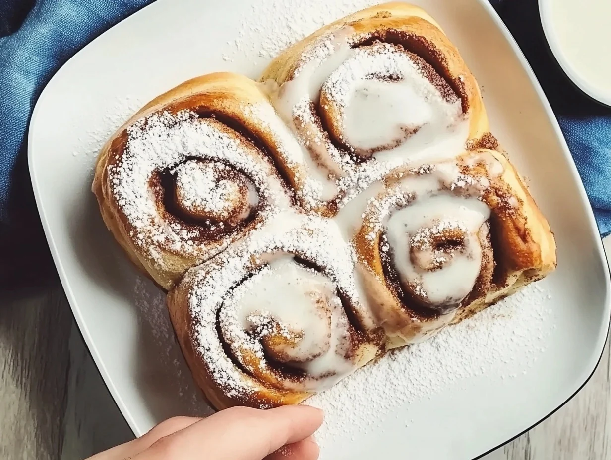 Freshly baked homemade cinnamon rolls with cream cheese frosting, served on a white plate.