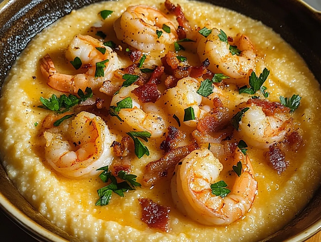 Shrimp and grits served with crispy bacon, fresh parsley, and a pat of butter on creamy golden grits—a classic Southern comfort food.