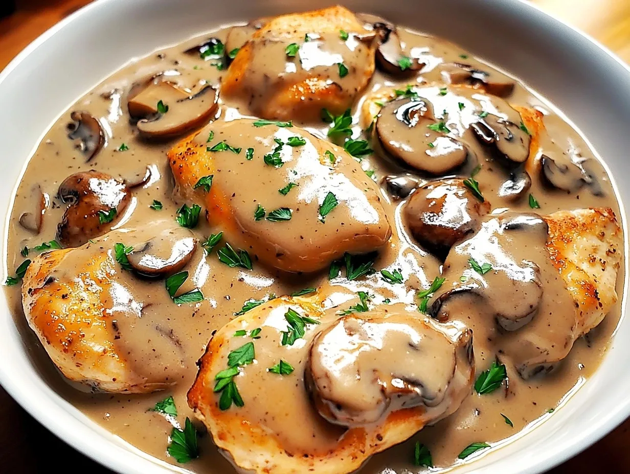A plate of Chicken Marsala with tender chicken, creamy Marsala wine sauce, and sautéed mushrooms, served alongside fresh herbs.