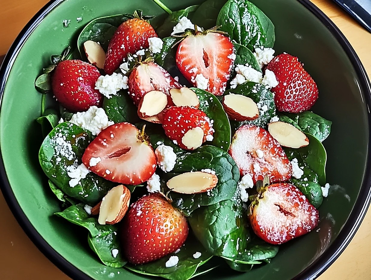 A vibrant bowl of spinach and strawberry salad, garnished with sliced almonds and crumbled feta cheese, drizzled with a honey balsamic dressing.