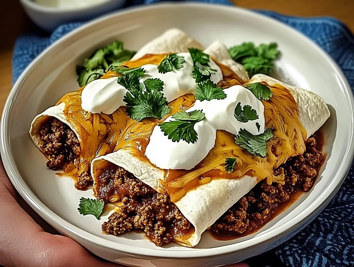 Beef Enchiladas served with fresh cilantro, sour cream, and a side of Mexican rice.