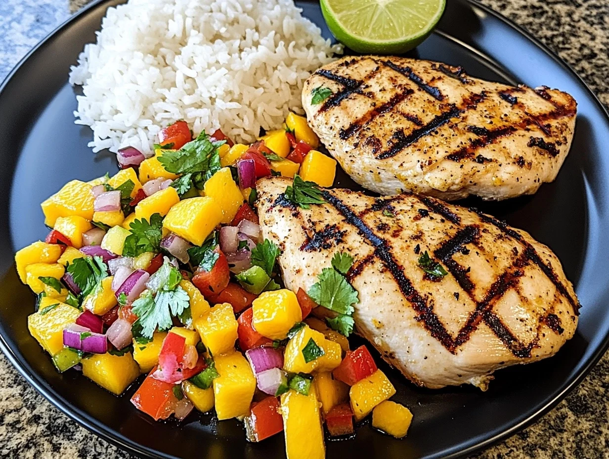 Grilled chicken topped with vibrant mango salsa, served on a white plate, garnished with fresh cilantro and lime wedges.