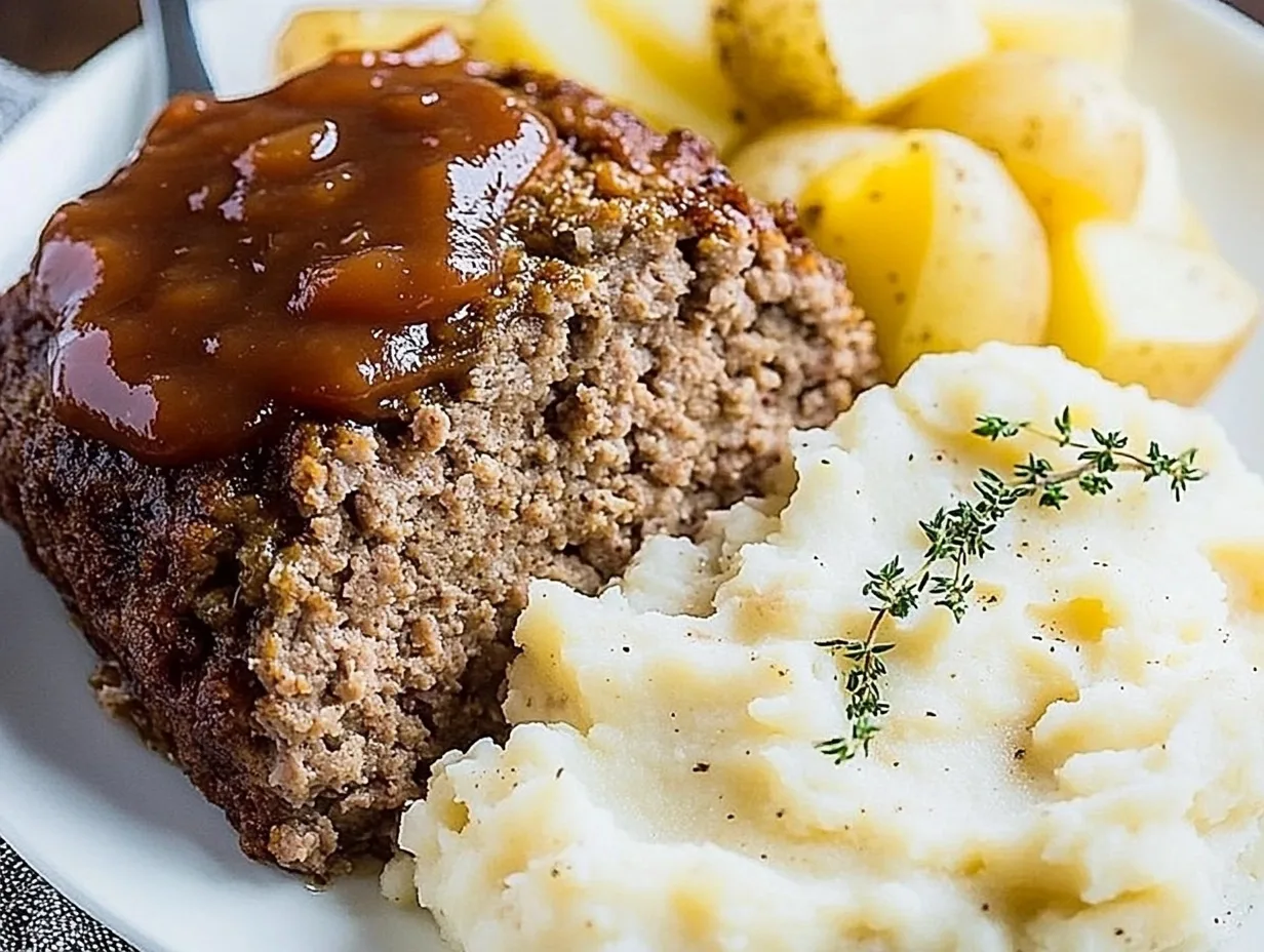 A hearty plate featuring sliced meatloaf glazed with a tangy ketchup topping, served with creamy mashed potatoes garnished with fresh parsley, on a white dinner plate.