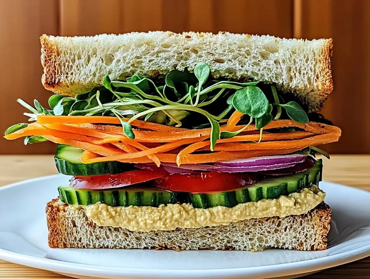 Veggie and hummus sandwich with fresh vegetables, creamy hummus, and toasted whole-grain bread.