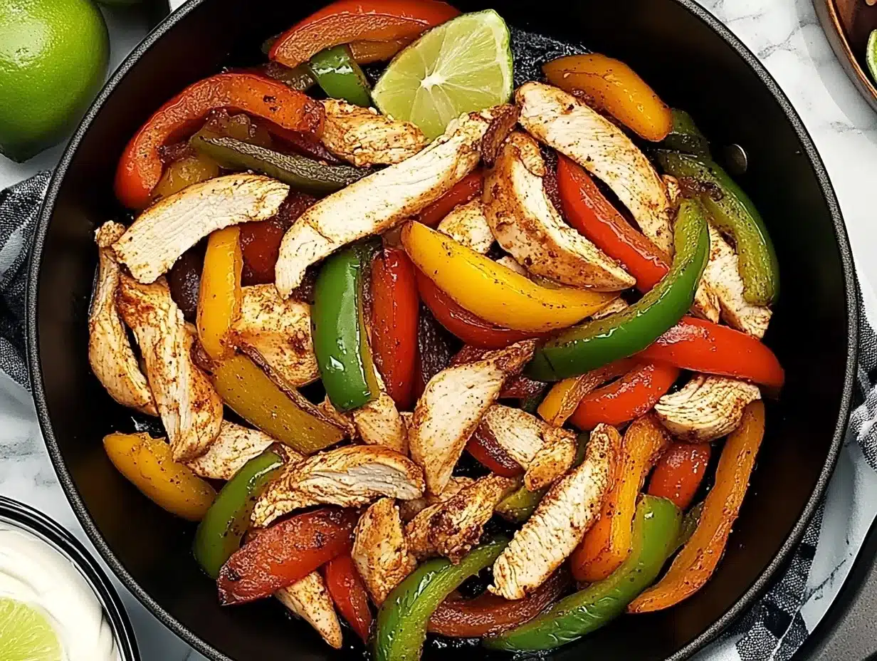 Sizzling chicken fajitas with colorful peppers and onions served on warm tortillas, garnished with fresh lime and cilantro.
