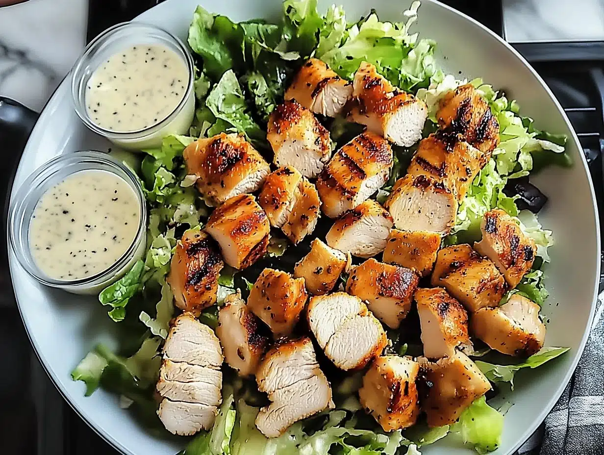 A bowl of Caesar salad with grilled chicken, topped with croutons, grated Parmesan cheese, and creamy dressing, placed on a wooden table.