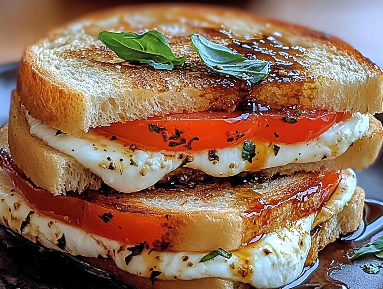 Two halves of a freshly made Caprese Panini on a rustic wooden board, showcasing layers of mozzarella, tomato, and basil, topped with balsamic glaze.