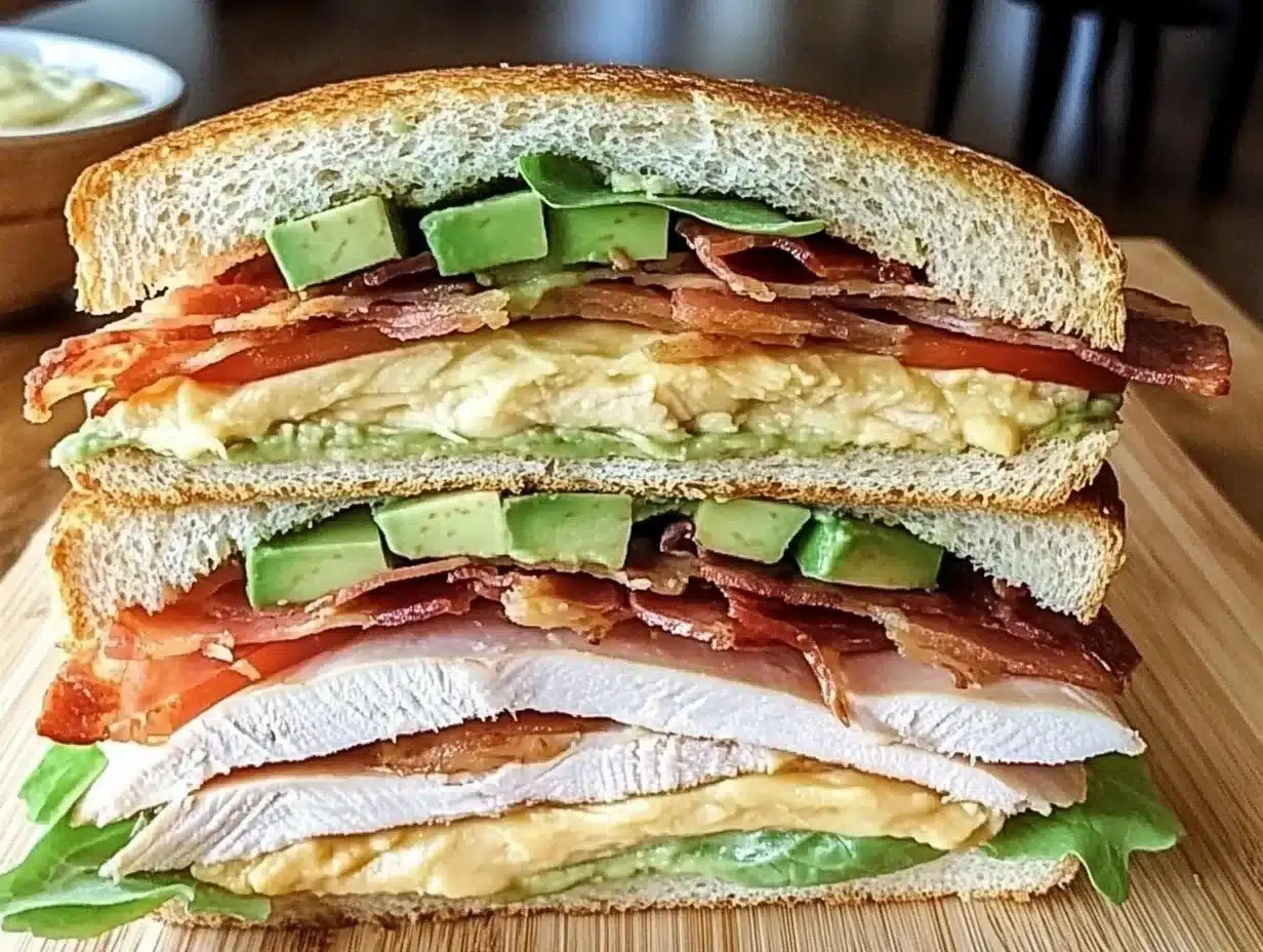 A freshly prepared Turkey and Avocado Club Sandwich with layers of turkey, avocado, lettuce, and tomato on toasted bread.