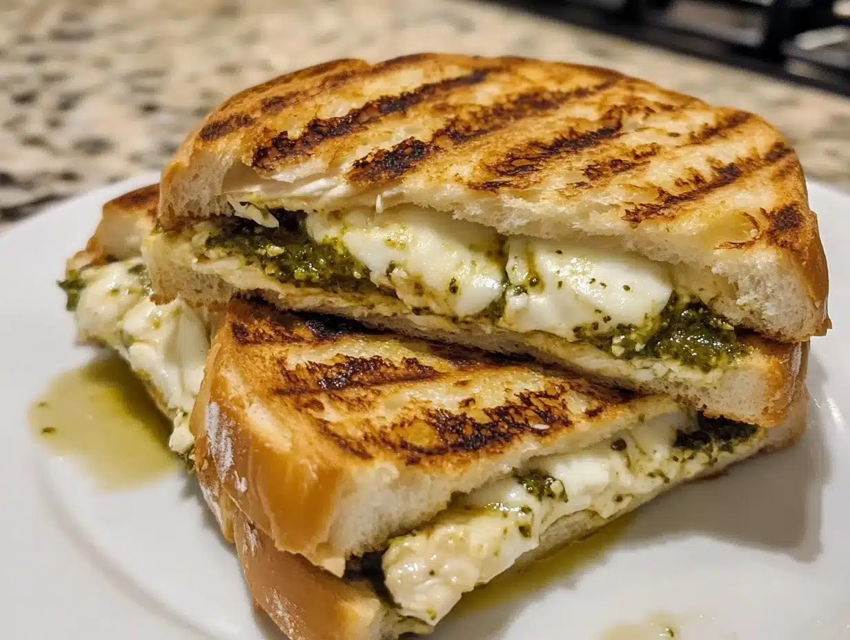 A crispy golden-brown panini with melted cheese, pesto, and grilled chicken, served on a wooden board with a side of fresh basil.
