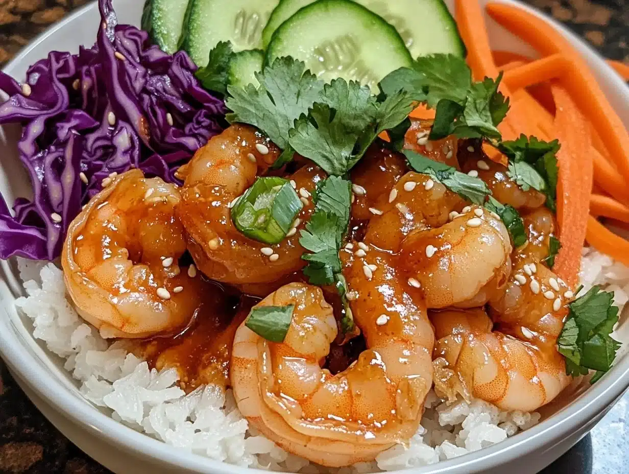 A delicious honey sriracha shrimp bowl with tender shrimp coated in a sweet and spicy glaze, served over fluffy rice with fresh vegetables like cucumbers, carrots, and purple cabbage.