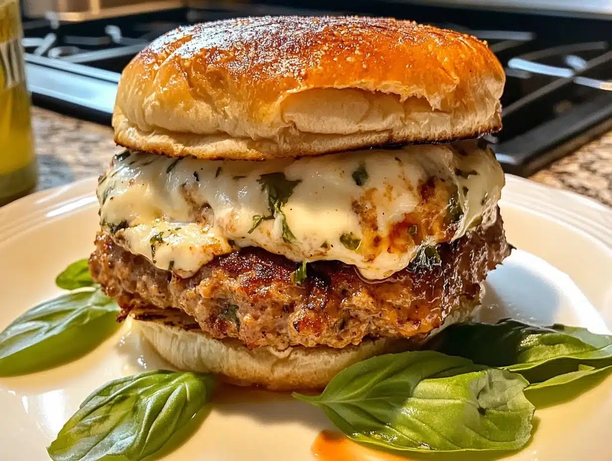 Juicy mozzarella-stuffed turkey burger with a golden-brown sear, melted cheese oozing from the center, served on a toasted bun with fresh lettuce and tomato.