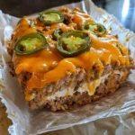 Cheesy Pepper Jalapeño Popper Meatloaf with sliced jalapeños and melted cheddar on top.