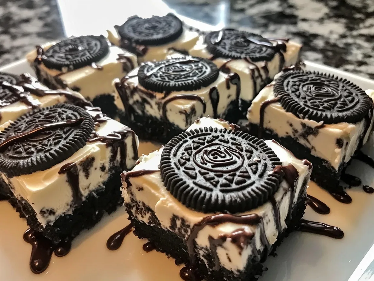 A close-up of No-Bake Oreo Cheesecake Bars with a creamy filling, crunchy Oreo crust, and rich chocolate fudge drizzle.