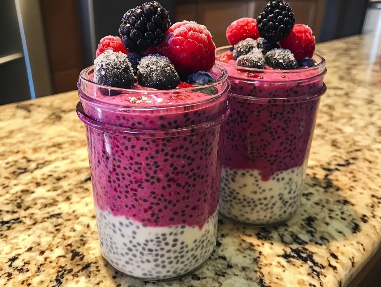 Delicious and nutritious berry chia overnight oats in a glass jar, topped with fresh berries and chia seeds.