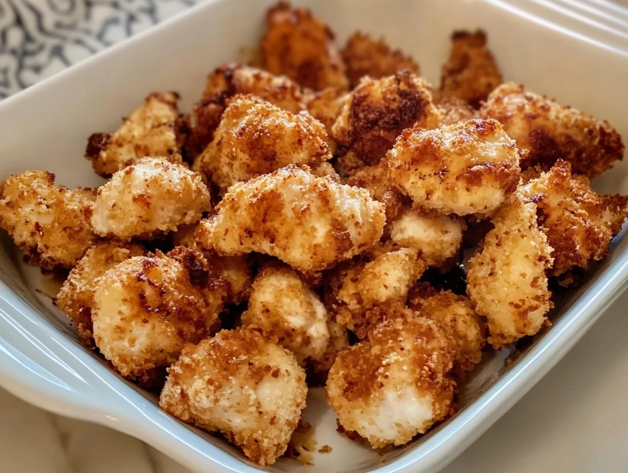 Crispy Air Fryer Honey Mustard Chicken Bites served with dipping sauce.