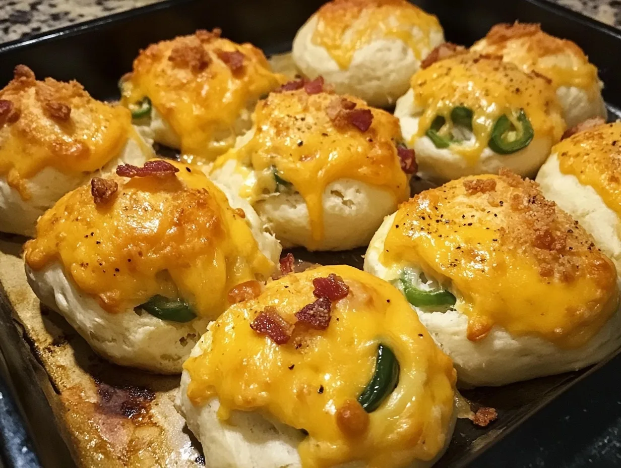 Freshly baked Loaded Jalapeño Popper Cheese Bombs topped with melted cheddar cheese, crispy bacon, and jalapeño slices, served on a baking tray.