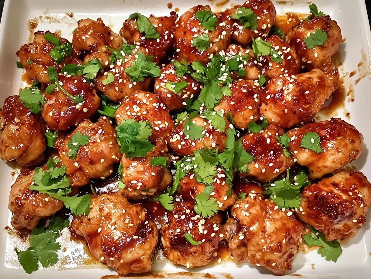 A plate of Honey Sriracha Sticky Chicken Bites, glazed in a sweet and spicy sauce, garnished with fresh cilantro and sesame seeds. The crispy, golden-brown chicken pieces are coated in a glossy honey-sriracha glaze, making them a perfect appetizer or main dish.