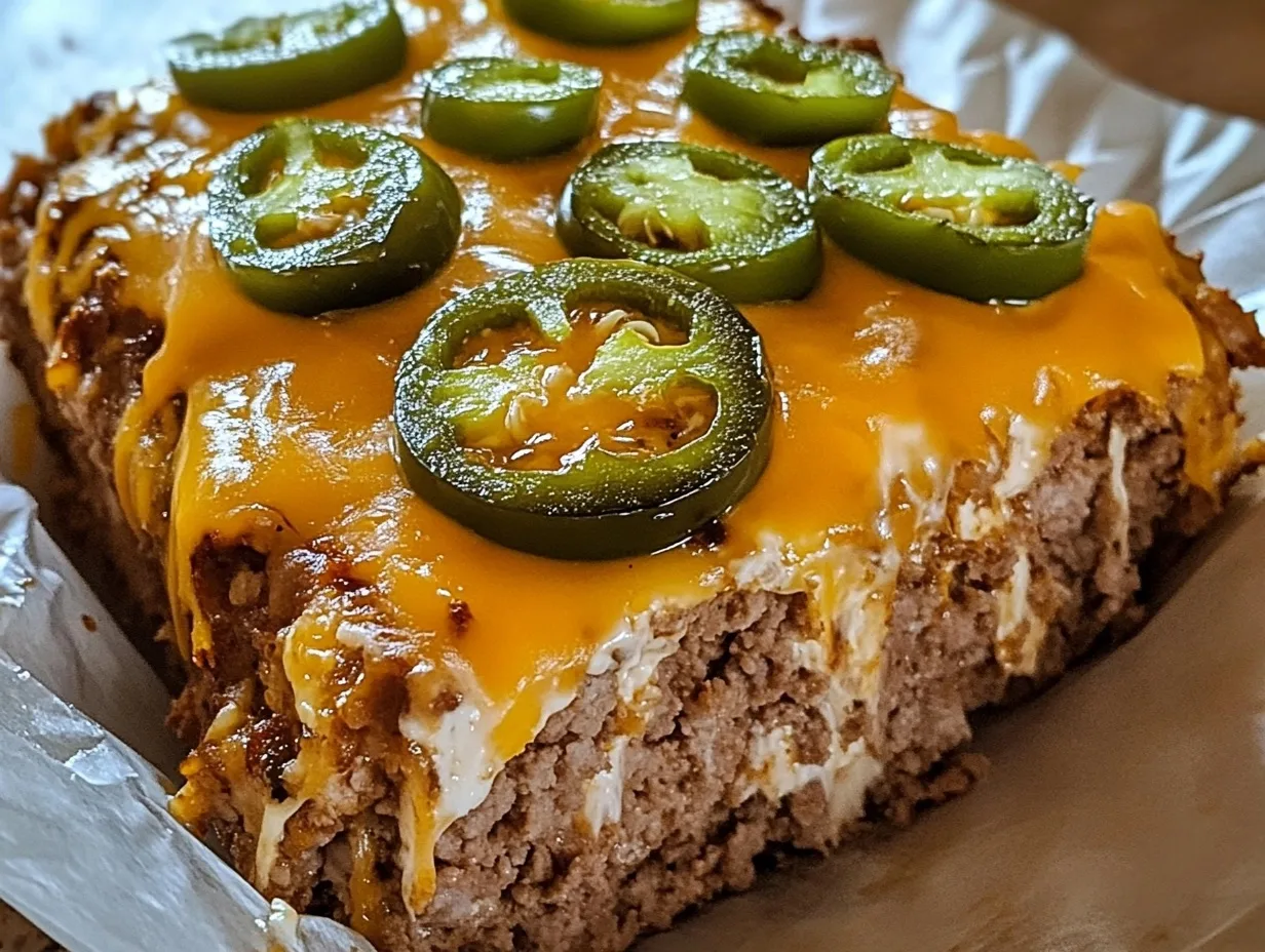 Close-up of Pepper Jalapeño Popper Meatloaf topped with melted cheddar cheese and fresh jalapeño slices.