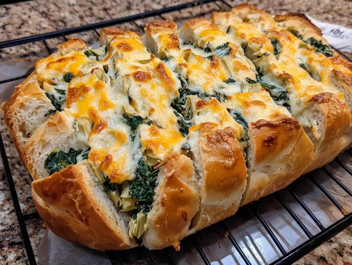 Cheesy Spinach & Artichoke Pull-Apart Bread – A golden, crispy loaf stuffed with gooey melted cheese, tender spinach, and flavorful artichoke hearts, perfect for sharing!
