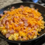 A skillet filled with crispy hash browns, diced ham, and shredded cheddar cheese, seasoned with black pepper, ready to be baked into a delicious breakfast casserole.