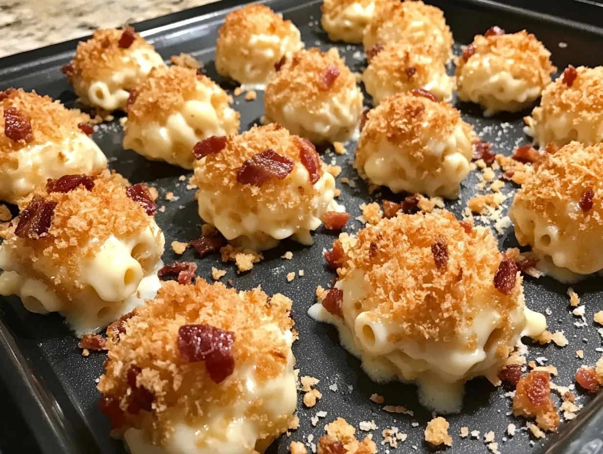 Crispy garlic butter bacon ranch mac 'n' cheese bites topped with golden-brown breadcrumbs and crispy bacon bits on a baking sheet.