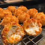 Crispy Buffalo Chicken Jalapeño Bombs filled with creamy cheese and spicy buffalo sauce, served hot on a baking rack.