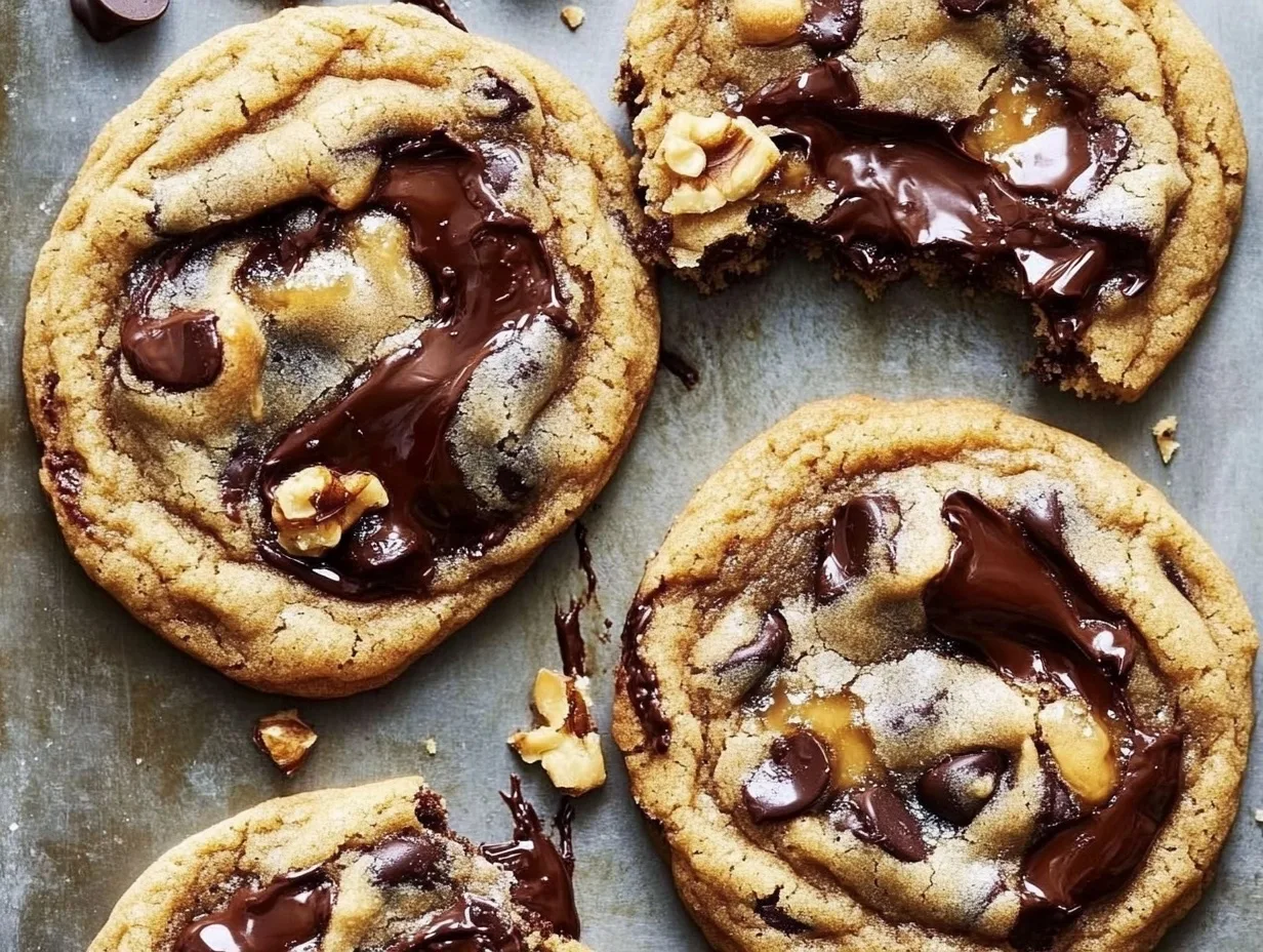 Freshly baked brown butter chocolate chip cookies with golden edges and gooey centers on a parchment-lined baking sheet.